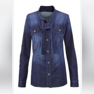 CAbi Waterfront Tie Neck Button Down Chambray shirt, size small